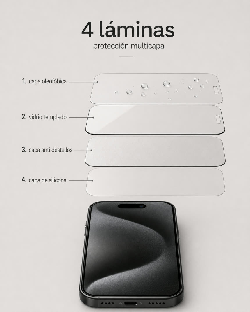 Diagrama de las 4 láminas del vidrio templado CLYX: capa oleofóbica, vidrio templado, capa antidestellos y capa de silicona