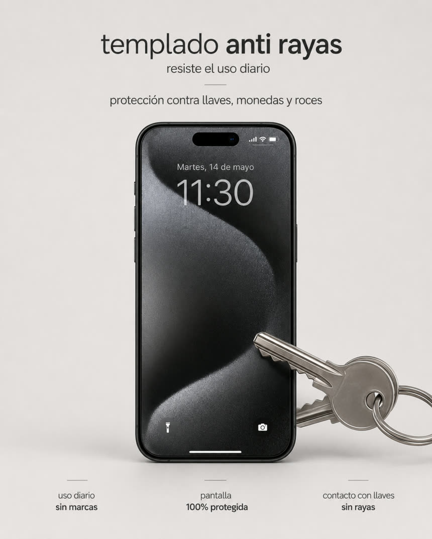 iPhone con templado CLYX en contacto con llaves, sin marcas en la pantalla