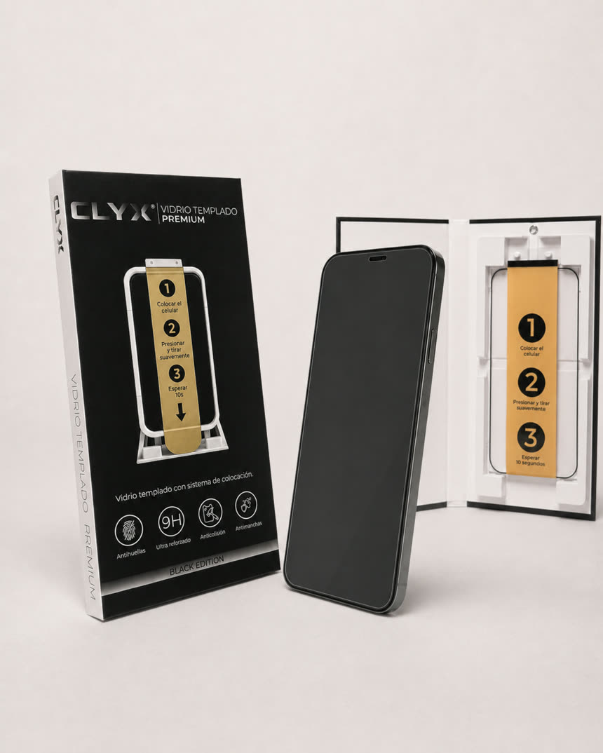 Packaging CLYX Vidrio Templado Premium con el marco colocador y el iPhone