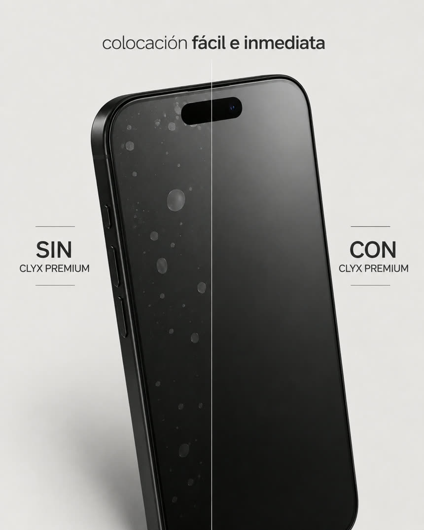 Comparación de una pantalla sin CLYX Premium, con marcas, y con CLYX Premium, limpia